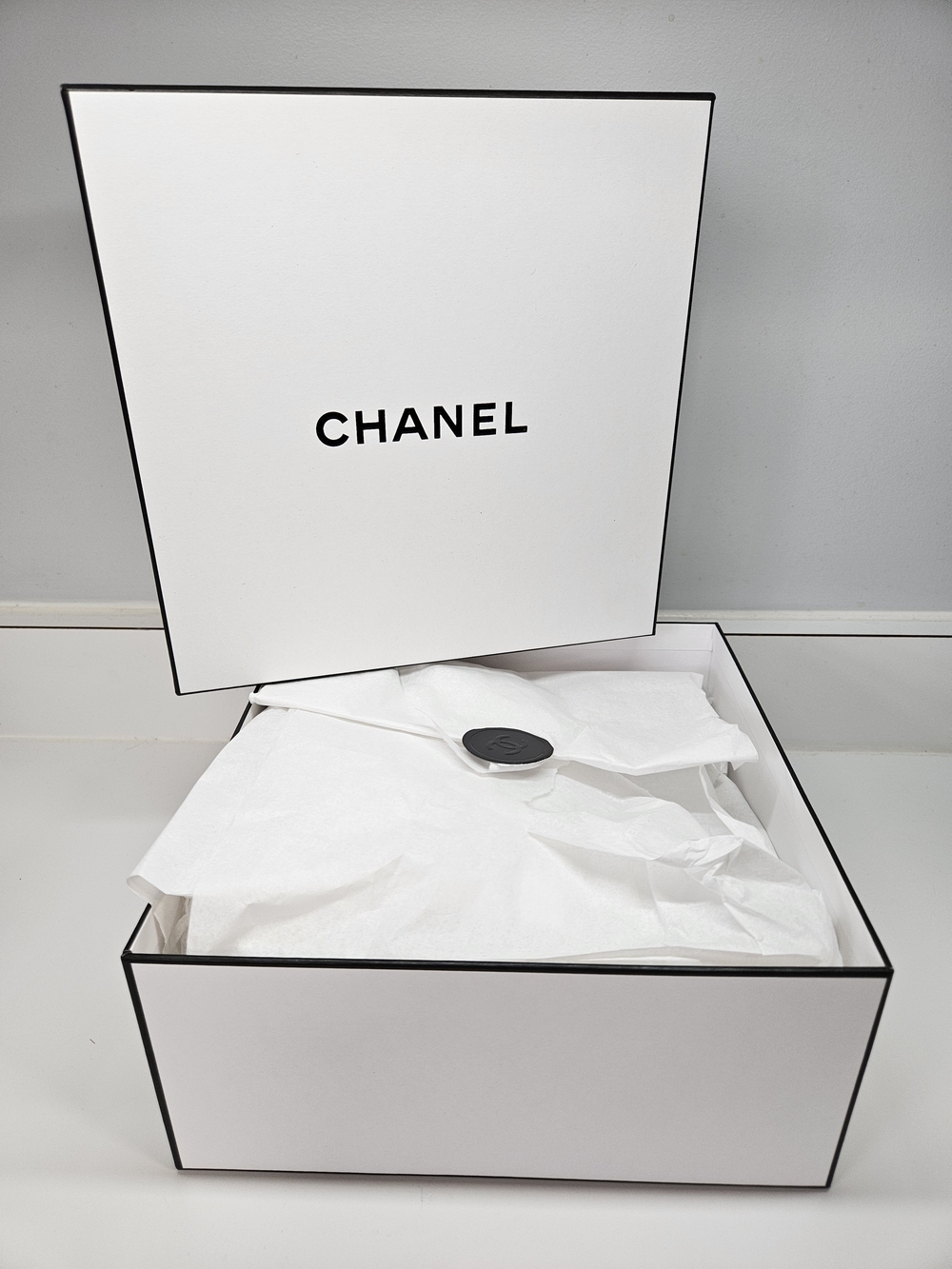 Authentic CHANEL White Logo Two Piece Gift Box with Tissue Paper 8.75" x 8.75"